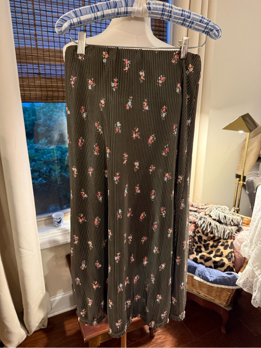 love, Fire Olive Green Pleated Maxi Skirt with Pink Floral Print